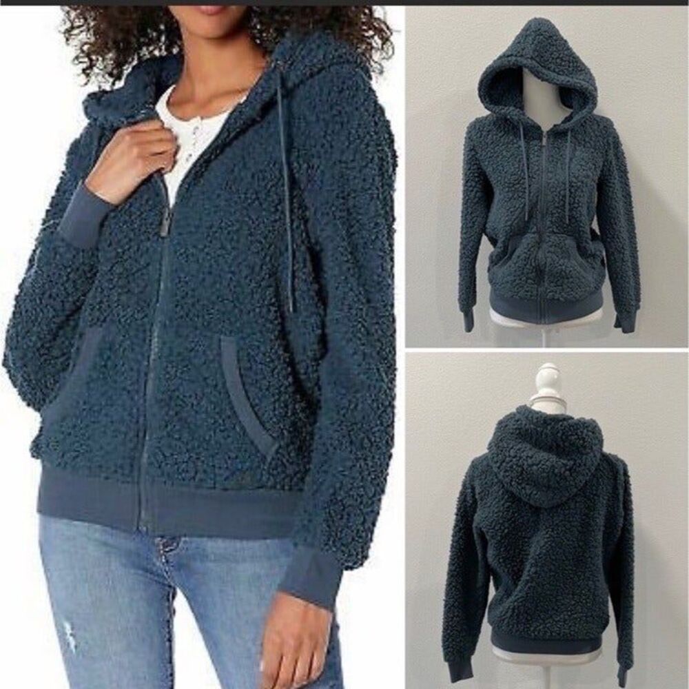 MARC NEW YORK BY ANDREW MARC Women’s Blue Teddy Fleece Sherpa Hooded Jacket Size